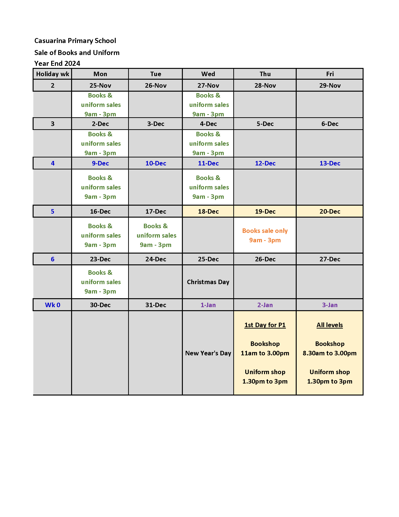 year end 2024 bookshop and uniform schedule